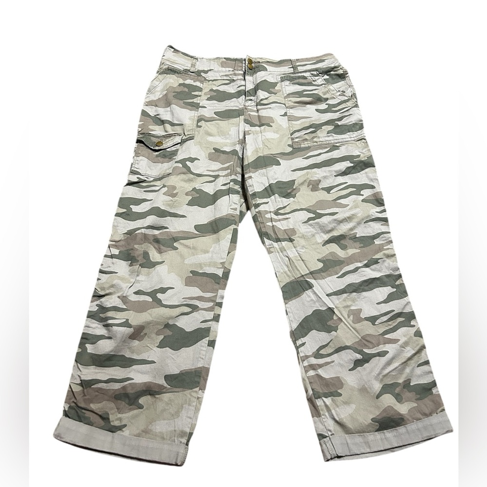 Khaki and white camo cargo pants with a relaxed